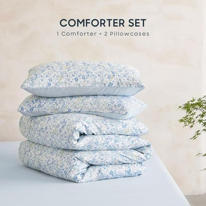 Wake In Cloud - Floral Comforter Set, Cute Vintage Flower Cottagecore Aesthetic for Women Teen Girls, Soft Lightweight Dorm Bedding, 3 Pieces, Light Blue, Queen Size