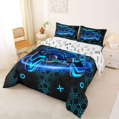 Feelyou Gamer Kids Comforter Set King Size Gaming Bedding Set Game Room Decor Duvet Quilt for Kids Boys Girls Bedroom Gamepad Decor Blue Microfiber Ultra Soft Breathable