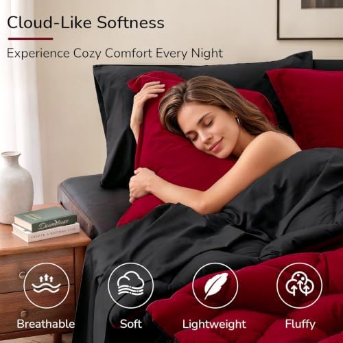 downluxe Queen Comforter Set Soft Reversible 7 Pieces, Black/Red