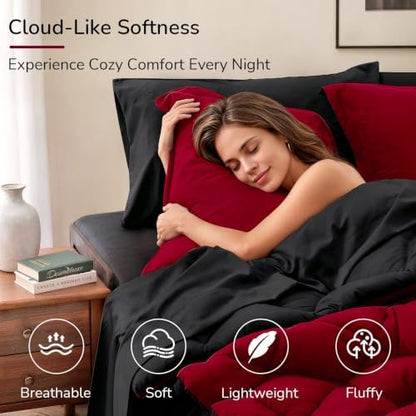 downluxe Twin Comforter Set Soft Reversible 5 Pieces, Black/Red