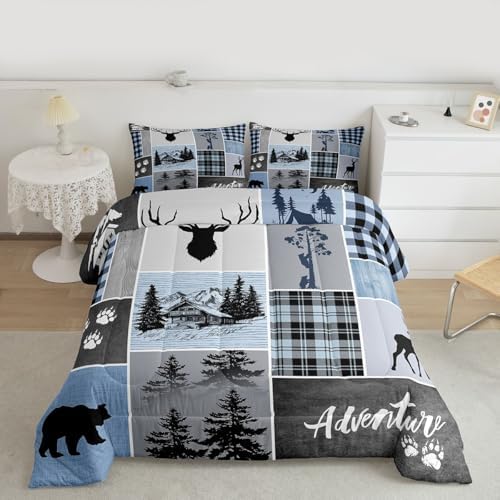 Manfei Deer Antler Comforter Set King Size,Bear Paws Rustic Farmhouse Xmas Bedding Set for Kids Boys Girls Adults Room Decor,Plaids Patchwork Adventure Down Comforter,Blue Duvet Insert,2 Pillowcases