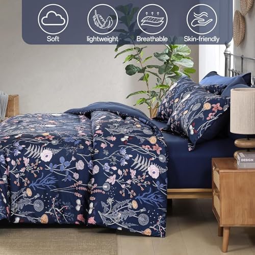 Yiran Twin Comforter Set Floral, Navy Blue 5 Piece Bed in a Bag Bedding Set Lightweight Comforters with Flowers for Women Girls, Soft Breathable Botanical Complete Set with Sheets for All Season