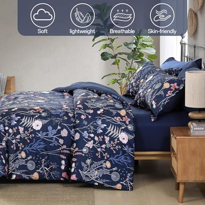 Yiran Twin Comforter Set Floral, Navy Blue 5 Piece Bed in a Bag Bedding Set Lightweight Comforters with Flowers for Women Girls, Soft Breathable Botanical Complete Set with Sheets for All Season