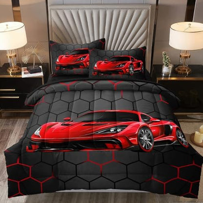 5 Pcs Race Car Twin Bedding Set for Boys, Red Sports Car Twin Boys Comforter Set with Sheets
