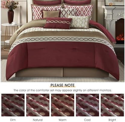 LANCO MODERN LIFESTYLE California King Comforter Set, Burgundy, 10 Piece Bed in a Bag for All Seasons, Luxury Extreme Comfort Bedding Sets with Bedskirt, Pillow Shams, Euro Shams and Decor Pillows
