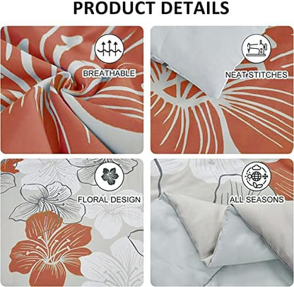 Terracotta Comforter Set Queen, 7 Pieces Floral on Grey Bedding Set