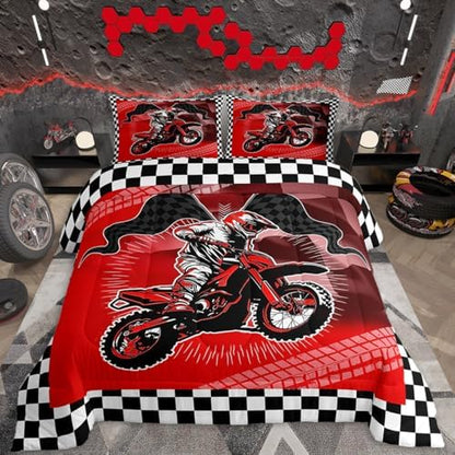 Feelyou Dirt Bike Comforter Set for Kids Boys Girls,Queen Size,Extreme Sports Bedding Set,Motorcycle Racer Duvet Quilt,Cool Motocross Comforter,Motorcycle Bedroom Decor