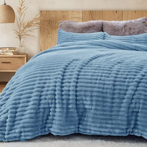 Sasttie Fluffy Full Comforter Set, 3 PC Soft Fleece Bedding, Greyish Blue