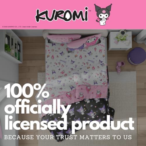 Sanrio Kuromi & My Melody Bedding 7 Piece Super Soft Cozy Reversible Comforter and Sheet Set with Sham, Full, (Officially Licensed Product) By Franco