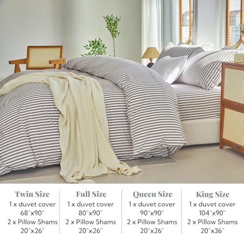 Striped Duvet Cover Set Full Size 3 Piece 100% Washed Cotton Linen Feel Bedding Set Comfy Breathable (Full, Classic Stripe-Mauve Brown/White)