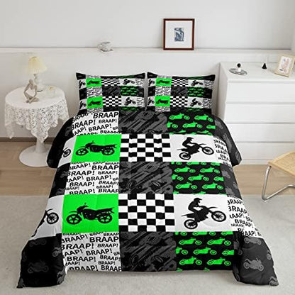 Motorcross Rider Boys Comforter Set Racing Dirt Bike Bedding Set Full Size Neon Green Black Grey Patchwork Grid Quilt Set for Kids Men Teens Bedroom Decor Fashion Gaming Duvet Insert 3pcs