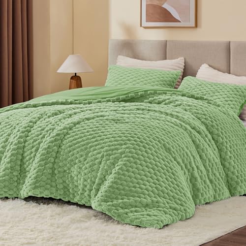 BEDELITE Fluffy Queen Comforter Set, Grass Green Fleece Bed Set 3 Pieces