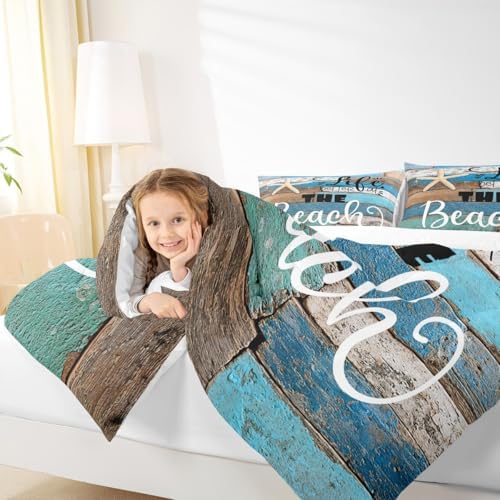 Blue Farmhouse Comforter Set King Size,Lake House Barn Door Bedding Set for Kids Teens Adults Room Decor,Hawaiian Ocean Bedspread Starfish Sea Life Quilted Duvet,2 Pillowcases,Vintage Brown