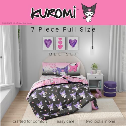 Sanrio Kuromi & My Melody Bedding 7 Piece Super Soft Cozy Reversible Comforter and Sheet Set with Sham, Full, (Officially Licensed Product) By Franco