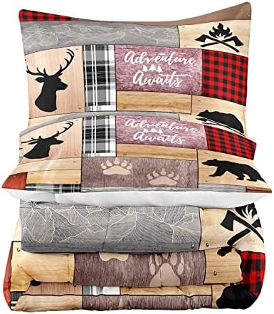 LUVIVIHOME 3PCS Rustic Cabin Comforter Set Queen Size, Farmhouse Bedding, Black Bear Deer Elk Moose Forest Animal Wildlife Hunting Country Brown Patchwork White Red Plaid Lodge Quilt, 2 Pillow Shams