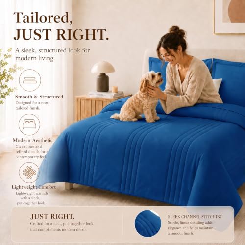 CozyLux Queen Comforter Set Classic Blue - 7 Pieces Bed in a Bag