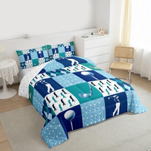 Homewish Golf Comforter Set King Size,Golf Sports Games Bedding Set 3Pcs Geometric Diamond Grid Patchwork Quilt Set for Kids Girls Boys Adult Room Decor Navy Blue White Duvet Insert,2 Pillowcases