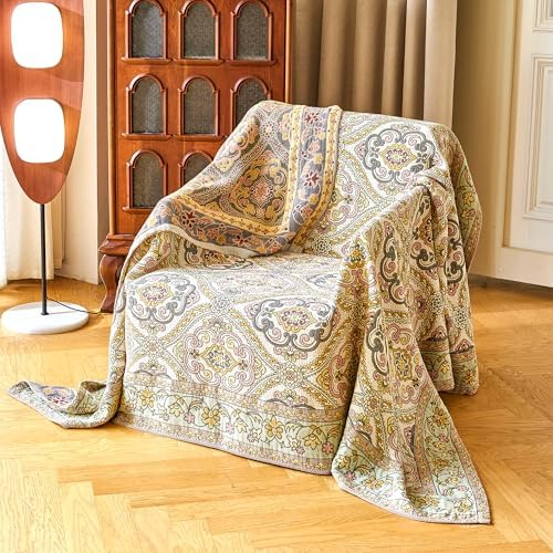 VANJOROY Boho Throw Blanket 80" x 90", 100% Organic Cotton Breathable Skin-Friendly Ultra Soft Bed Quilt Throw - Floral Rustic Decor Luxury Reversible Blanket for Sofa Couch Chair and Gift,