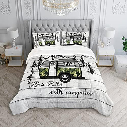 HOSIMA Happy Camping Decor Comforter Set,Camouflage Camper Bedding Queen Size for Kids Teen Girls Boys Room Decor,Camper Accessories for Travel Trailers Themed Bedding with 2 Pillowcases.