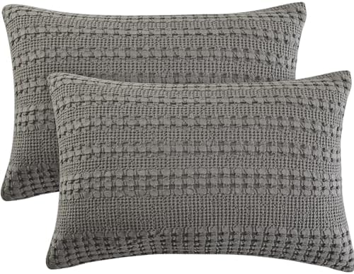 PHF 100% Cotton Waffle Pillow Shams Standard Size, 2 Pack 20" x 30" Soft Skin-Friendly Pillowcases, No Filling, Aesthetic Woven and Breathable Waffle Weave Pillow Case Covers for Bed, Dark Grey
