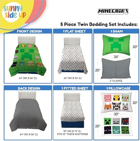 Sunny Side Up Minecraft Twin Comforter Set - 5 Piece Kids Bedding Includes Comforter, Sheets & Pillow Cover - Super Soft Gamer Microfiber Bed Set