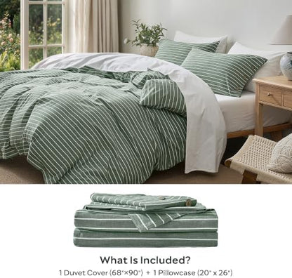 JELLYMONI 100% Washed Cotton Forest Green Striped Duvet Cover Set Twin
