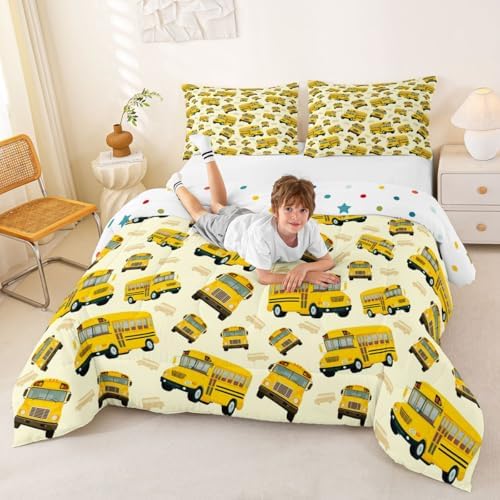 Feelyou Yellow School Bus Comforter Set King Size Cartoon Truck Bedding Set for Kids Boys Girls Transport Vehicles Duvet Quilt Bedroom Decor Microfiber 3 Pcs with 2 Pillow Cases