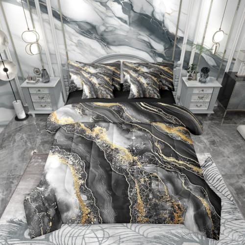 Erosebridal Black Marble Comforter Set King Size,Gradient Artwork Bedding Set for Kids Teens,Black Golden Tie Dye (Comforter+Fitted+Flat Sheet+2 Pillowcases+2 Throw Pillow Covers) 7 Pieces Bed Set
