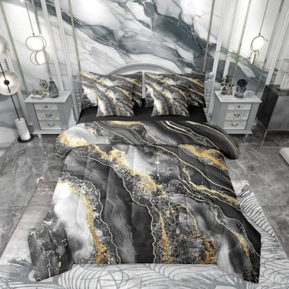Erosebridal Black Marble Comforter Set King Size,Gradient Artwork Bedding Set for Kids Teens,Black Golden Tie Dye (Comforter+Fitted+Flat Sheet+2 Pillowcases+2 Throw Pillow Covers) 7 Pieces Bed Set