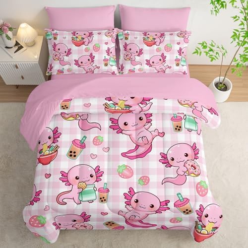 HOSIMA 7Pcs Cute Axolotl Comforter Set Queen Size for Girls with Sheets.