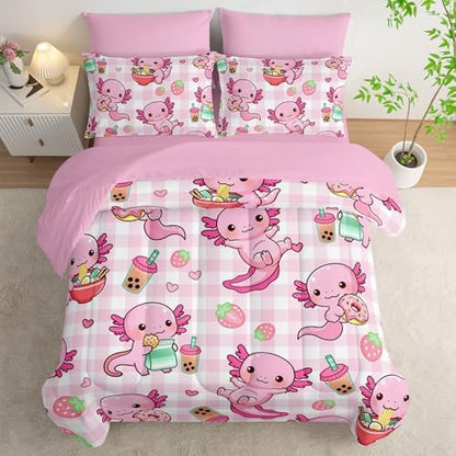 HOSIMA 7Pcs Cute Axolotl Comforter Set Queen Size for Girls with Sheets.