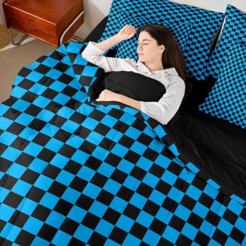 jejeloiu Blue Black Bedding Set 7Pcs King Size Kids Plaid Checkered Comforter Set with Sheets for Boys Girls Classic Grid Buffalo Check Bed in a Bag Soft Lightweight,Microfiber