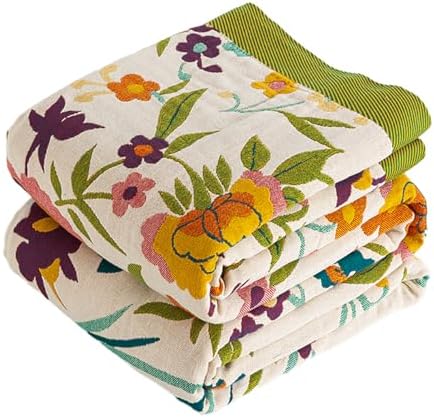 VANJOROY Boho Throw Blanket, 100% Organic Cotton Breathable Ultra Soft 91" x 98" Bed Quilt Throw - All Season Floral Rustic Farmhouse Decor Luxury Reversible Blanket for Sofa Couch Chair and Gift