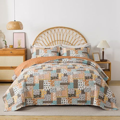 HoneiLife King Size Quilt Set - 3 Piece Microfiber Quilts Reversible Bedspreads Patchwork Coverlets Paisley Bedding Set for King Beds