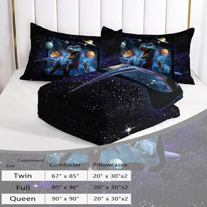 AILONEN Space Galaxy Dinosaur Bedding Set, Purple Dreamy Nebula Dinosaur Queen Size Bedding Sets for Boys Girls,Dino Roar Planet Pattern Soft Breathable Quilt Set 3Pcs(1 Comforter + 2 Pillowcase)