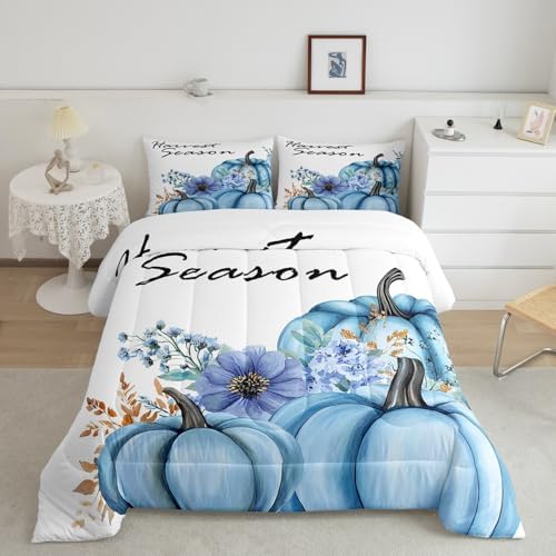Fall Pumpkin Comforter Set Queen Size,Blue Flowers Plants Bedding Set 3pcs for Kids Girls Woman Adult Room Decor,Rustic Farmhouse Style Quilt Set Watercolor Hand Drawn Duvet Insert,2 Pillowcases