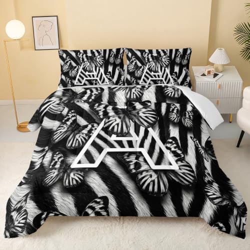 BSNTHO Butterfly Queen Size Comforter Set Zebra Stripes Kids Comforter 3Pcs
