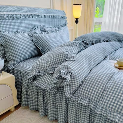 mixinni Vintage Blue Gingham Ruffle Comforter Set 3-Piece Washed Cotton Queen Size Grid Bedding Set with Geometric Checkered Pattern, Farmhouse Chic Soft Fluffy Comforter for All-Season