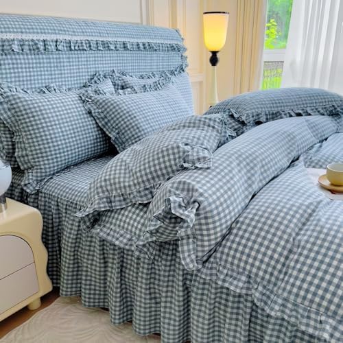mixinni Vintage Blue Gingham Ruffle Comforter Set 3-Piece Washed Cotton King Size Grid Bedding Set with Geometric Checkered Pattern, Farmhouse Chic Soft Fluffy Comforter for All-Season