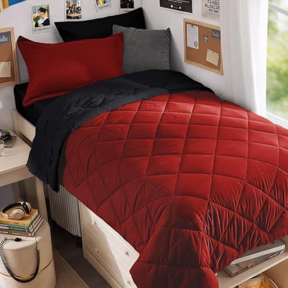 MUXHOMO 5 Pieces Twin XL Comforter Set, Reversible Bed in a Bag Twin XL Size, All Season Bedding Set with Comforter, Flat Sheet, Fitted Sheet, Pillowcases & Shams, Red & Black