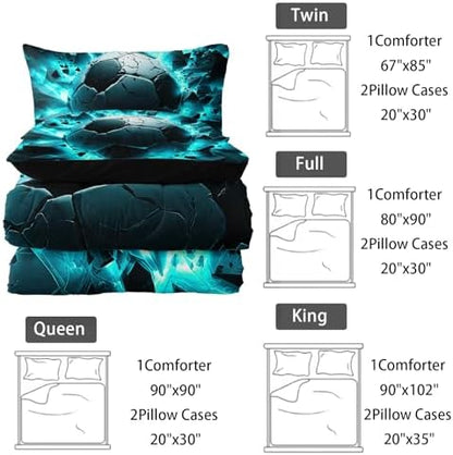 Nttopship Soccer Bedding Comforter Set Full Size for Kids Teens and Adults, Turquoise Black Football Printed Bedding Sets 3 PCS,Ball Sports Themed Bedroom Decor with 1 Comforter and 2 Pillowcases