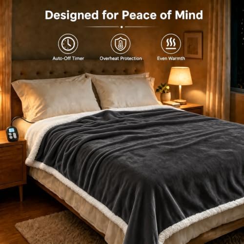 Electric Heated Blanket Full Size 72" x 84", Soft Flannel Heating Blanket for Bed, Sofa, Bedroom, 10 Heat Settings, 1-12H Auto Shut Off, Overheat Protection, Machine Washable, Charcoal Gray