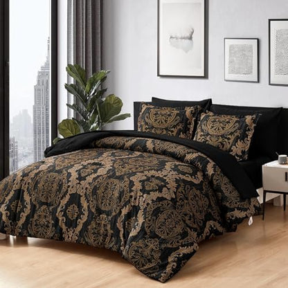 WONGS BEDDING Black Comforter Set Full Size, Gold Damask Texture 7 Pieces Bed in a Bag Microfiber Comforter Bedding Sets -1 Comforter, 1 Flat Sheet, 1 Fitted Sheet, 2 Pillow Shams, 2 Pillowcases