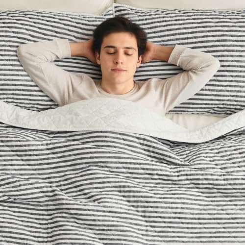 Wonderful - Grey Classic Ticking Stripe Quilt Set Twin Size, 2-Piece 100% Cotton Face & Fill All-Season Neutral Bedding, Minimalist Farmhouse Reversible Coverlet for Hot Sleepers