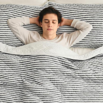 Wonderful - Grey Classic Ticking Stripe Quilt Set Twin Size, 2-Piece 100% Cotton Face & Fill All-Season Neutral Bedding, Minimalist Farmhouse Reversible Coverlet for Hot Sleepers