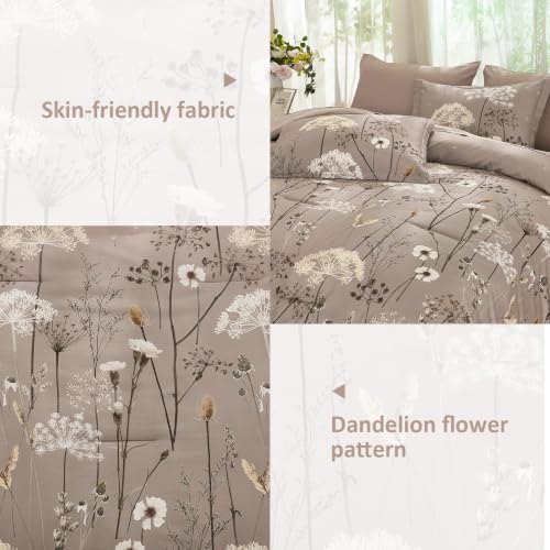 Yiran King Comforter Size Set, 7 Piece Brown Dandelion Floral Bed in a Bag