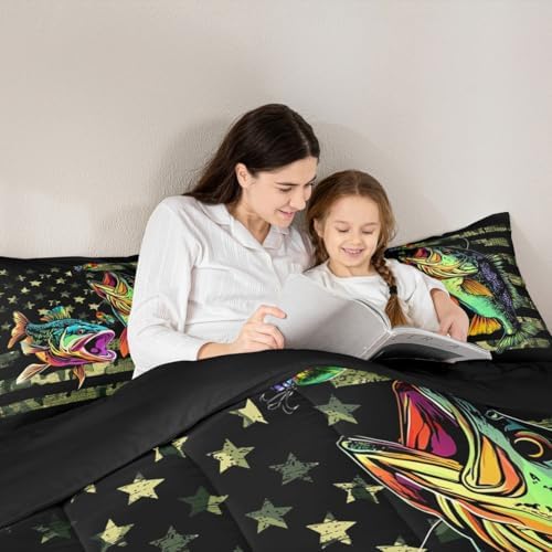 Castle Fairy Bass Fish Camouflage Comforter Set Full Pike Fish Camo Bedding Set for Women Men Room Kids Farmhouse Fishing Decor Comforter Fishman Wild Quilt Set Down Comforter Green Black