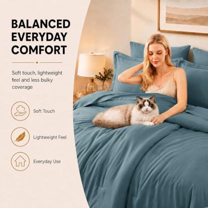 CozyLux Queen Comforter Set Mineral Blue, 7 Pieces Bed in a Bag