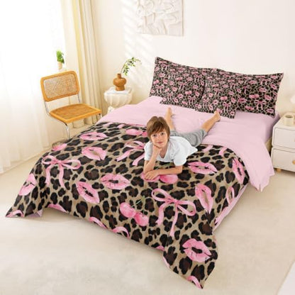 Erosebridal Leopard Skin Queen Comforter Set with Sheets Pink Ribbon Bow 7 Piece Bedding Set Pink Lips Print Bed in a Bag, Girls Bows Decor Coquette Room Decor