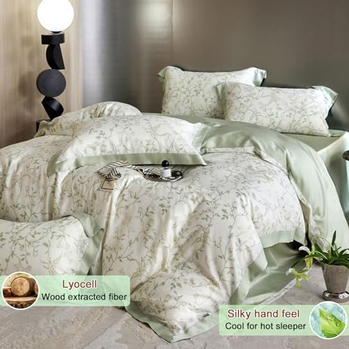 VM VOUGEMARKET Green Flower Duvet Cover Twin Cooling Lyocell Comfoter Cover Set for Hot Sleeper,Moisture Wicking Silky Bedding Set-Mint Green